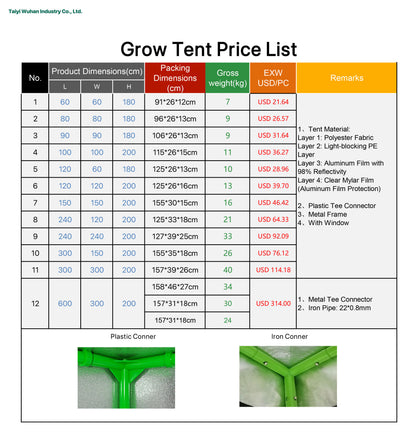 100x100x200 cm Grow Ten 600D Oxford Fabrict with Metal Frame