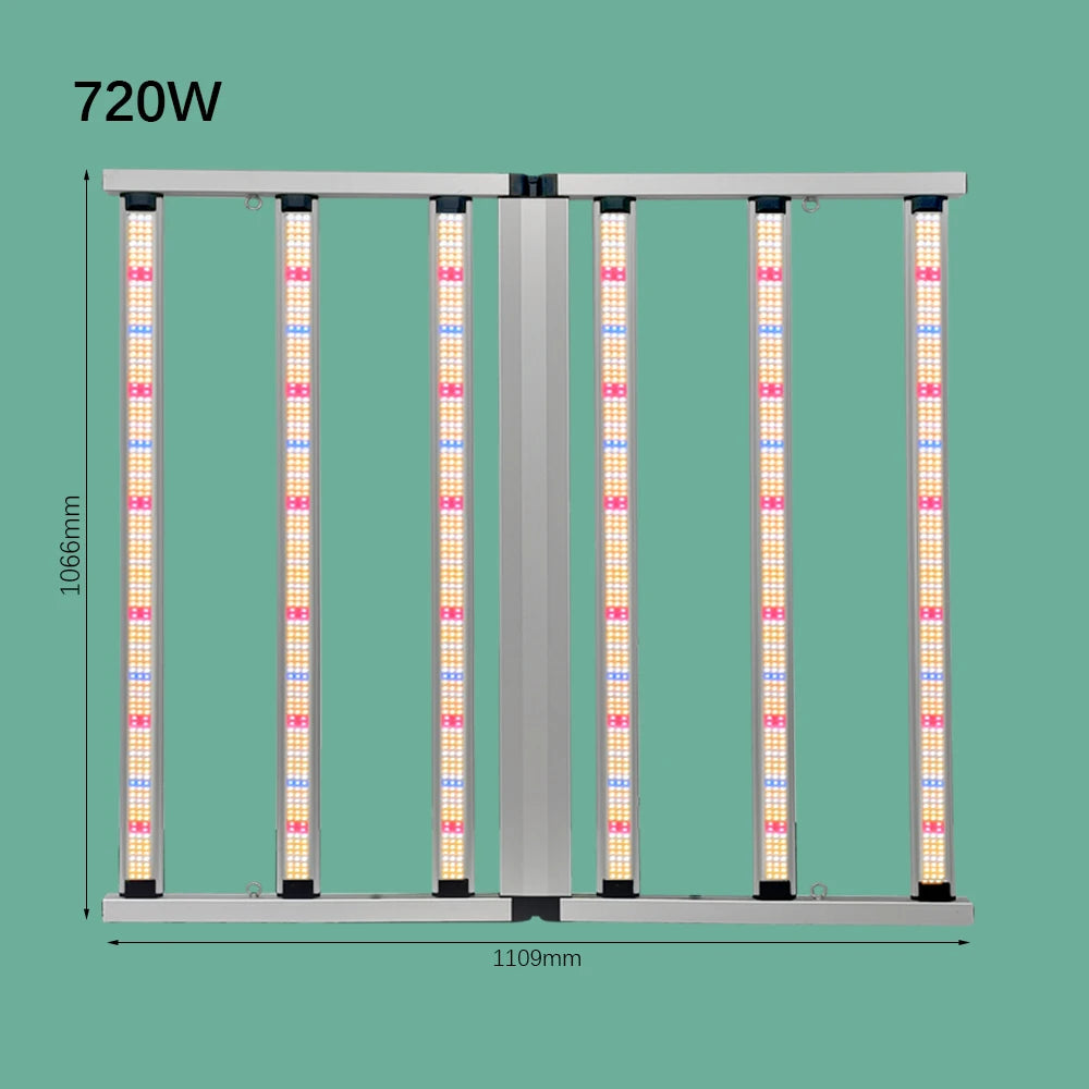 720W Foldable Full Spectrum LED Grow Light LM281B 6 Bar 2.7umol/J IP54 3-Year Warranty for Plant Rack